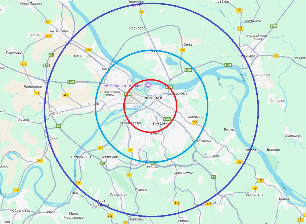 Mapa zona za sanitetski prevoz u Beogradu - 1. zona, 2. zona, 3. zona